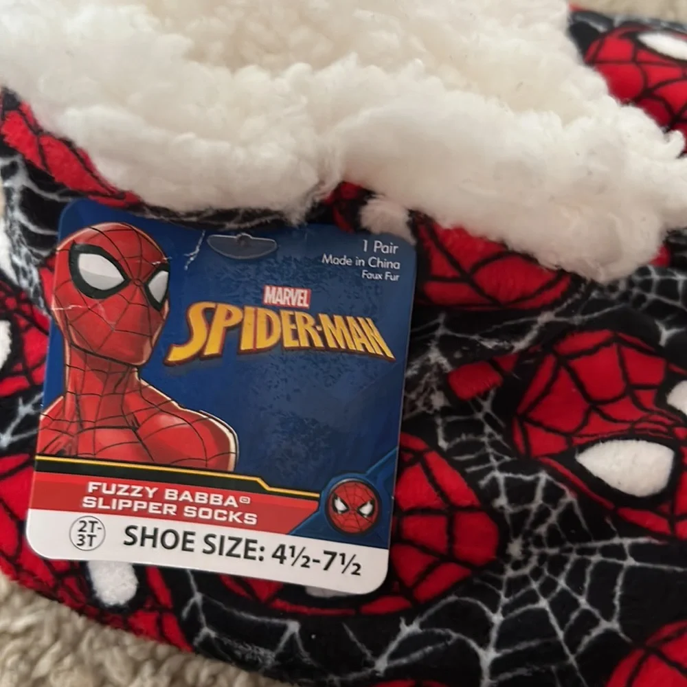 NWT Marvel Spiderman Fuzzy Babba Slipper Socks, sz 2T-3T (shoe sz 4.5-7.5)_2